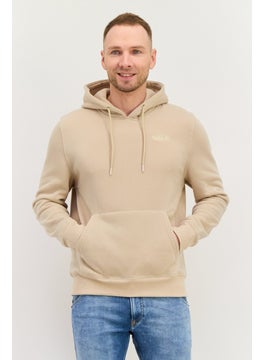 Men Hooded Embroidered Logo Long Sleeve Hoodies, Beige