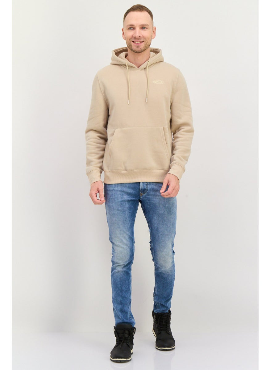 MEMBERS ONLY - Men Hooded Embroidered Logo Long Sleeve Hoodies, Beige - Image 1