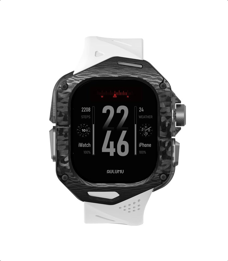 Aulumu A01 Carbon Fibre Case with Apple Watch Ultra Band 49MM | Luxury Lightweight Design | Only for Apple Watch Band Ultra 1/2/3 49mm | Carbon Fibre Case with White Straps - Image 1