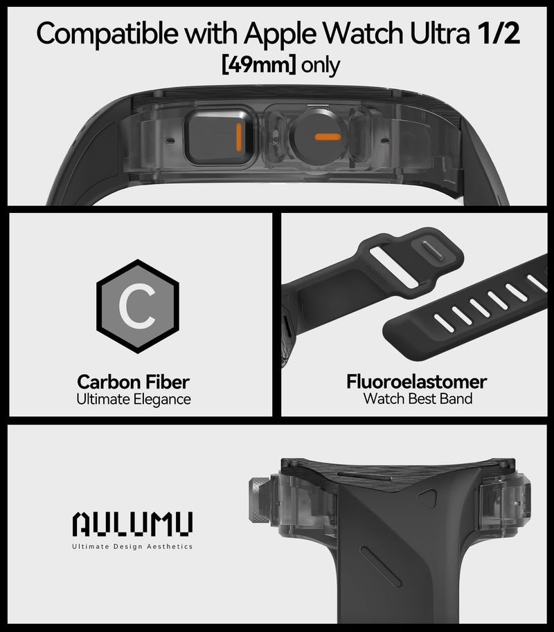 Aulumu A01 Carbon Fibre Case with Apple Watch Ultra Band 49MM | Luxury Lightweight Design | Only for Apple Watch Band Ultra 1/2/3 49mm | Carbon Fibre Case with White Straps - Image 2