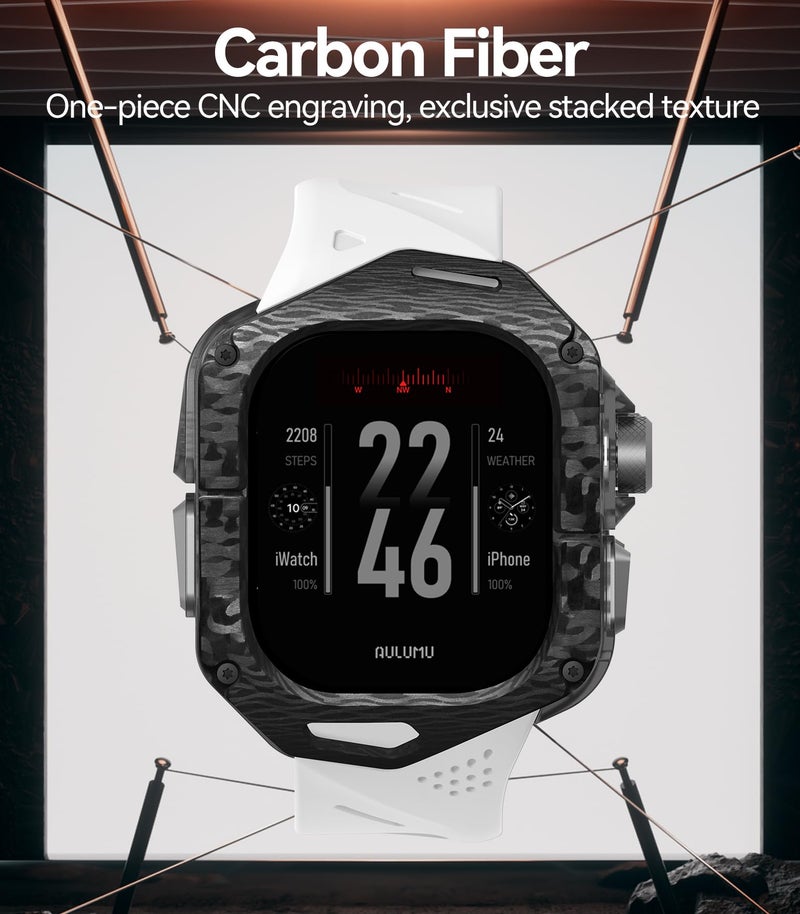Aulumu A01 Carbon Fibre Case with Apple Watch Ultra Band 49MM | Luxury Lightweight Design | Only for Apple Watch Band Ultra 1/2/3 49mm | Carbon Fibre Case with White Straps - Image 3