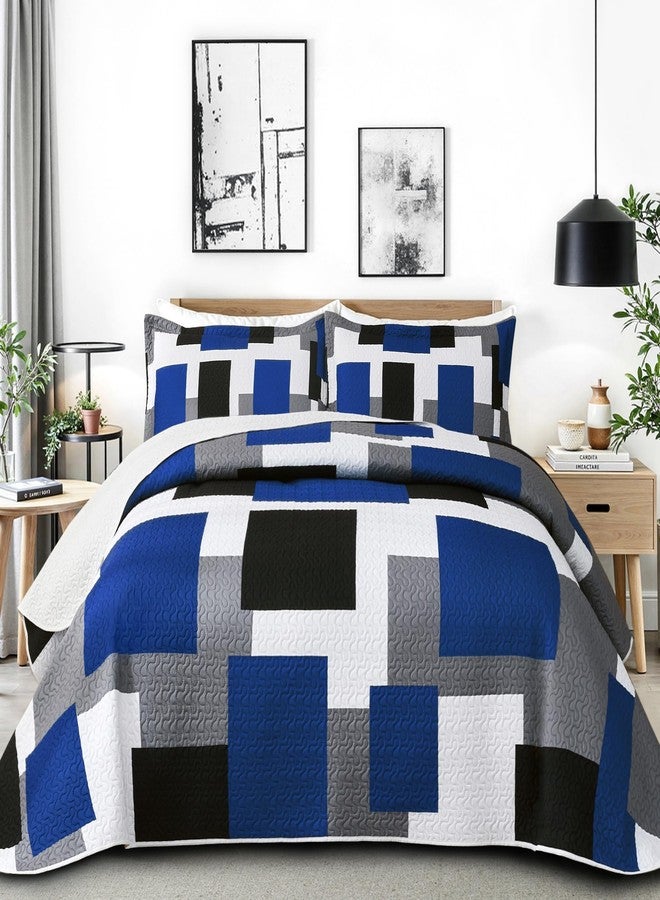 Tyrot 3 Piece Blue White Grey Quilt Set Full/Queen Size Black White Geometric Reversible Bedding Set Microfiber Lightweight Bedspread Coverlet with 2 Shams Modern Bed Covers for All Season, 90''x96'' - Image 1