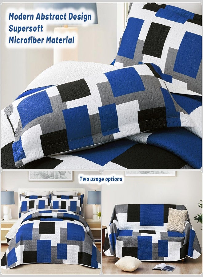 Tyrot 3 Piece Blue White Grey Quilt Set Full/Queen Size Black White Geometric Reversible Bedding Set Microfiber Lightweight Bedspread Coverlet with 2 Shams Modern Bed Covers for All Season, 90''x96'' - Image 3