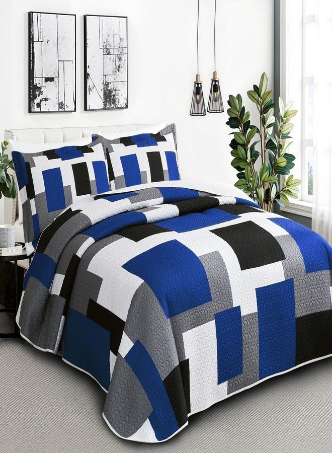 Tyrot 3 Piece Blue White Grey Quilt Set Full/Queen Size Black White Geometric Reversible Bedding Set Microfiber Lightweight Bedspread Coverlet with 2 Shams Modern Bed Covers for All Season, 90''x96'' - Image 2