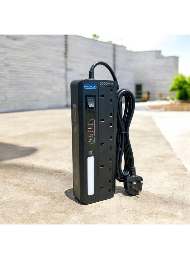 Digitplus 5-Socket Power Extension Strip – 3250W, 5m Cable, 2 USB + 2 USB-C PD (35W+20W), Smart ID, Touch LED Lamp - Image 2