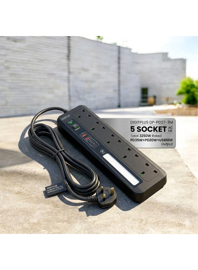 Digitplus 5-Socket Power Extension Strip – 3250W, 5m Cable, 2 USB + 2 USB-C PD (35W+20W), Smart ID, Touch LED Lamp - Image 1