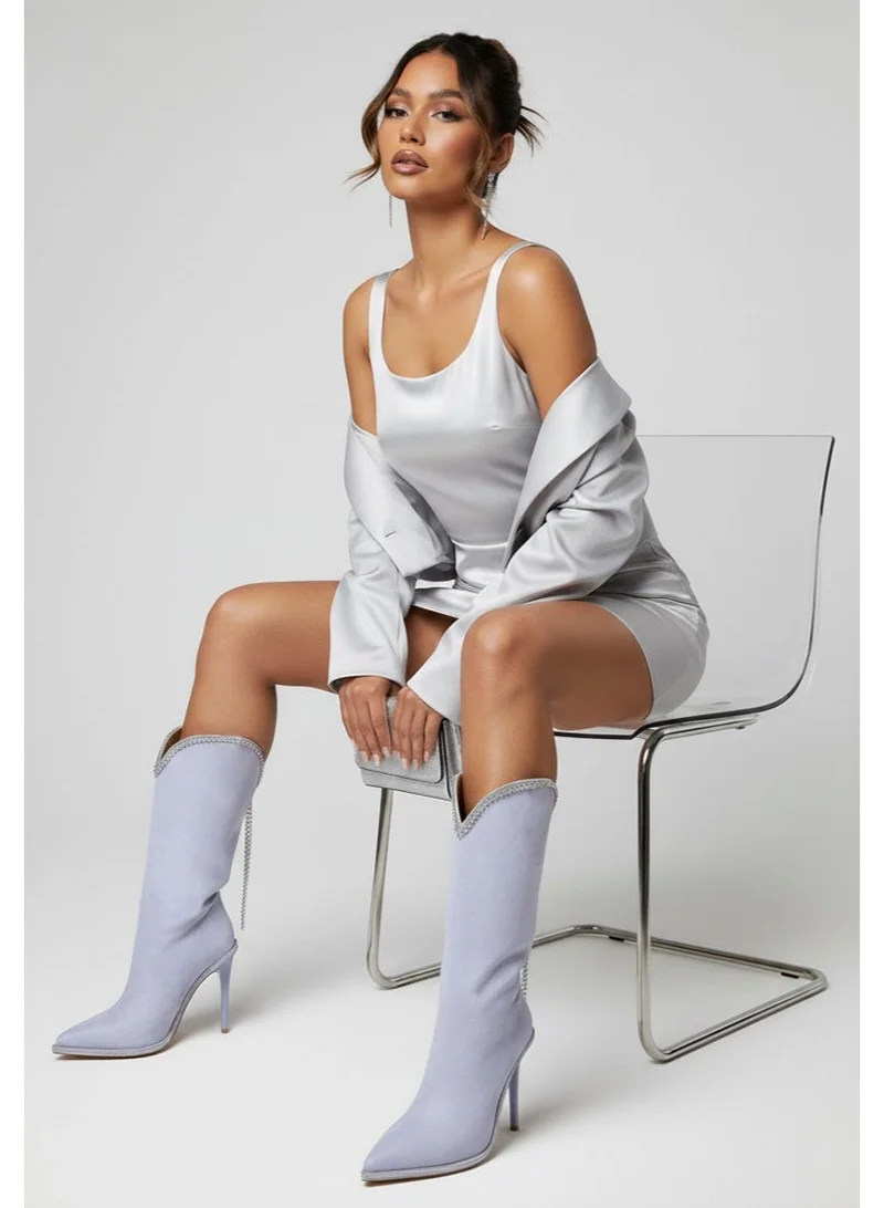 London Rag Diamante Chain Detail Calf Boots in Lilac