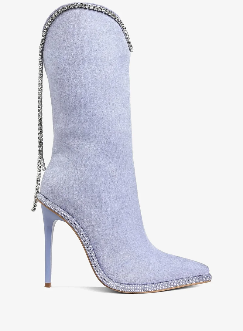Diamante Chain Detail Calf Boots in Lilac