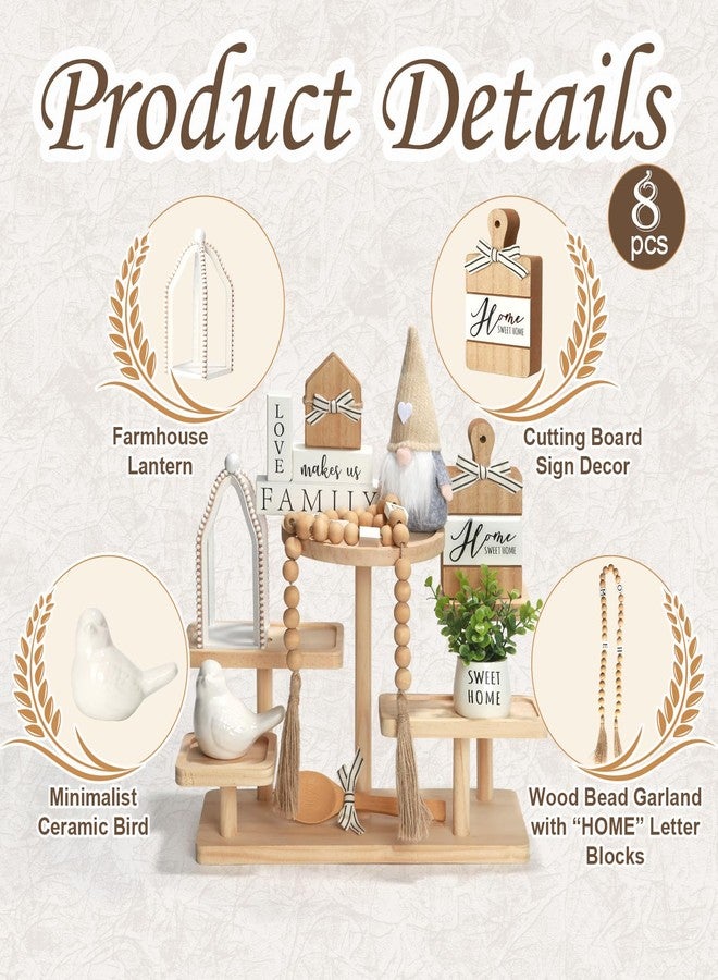 SYNCVIBE Farmhouse Tiered Tray Decor Set, 8 PCS Rustic Sweet Home Tabletop Decorations with Wooden Signs Lantern Plant Gnome Bead Garland & Bird Accent, Cozy Country Decorations for Home Table Kitchen Island - Image 2