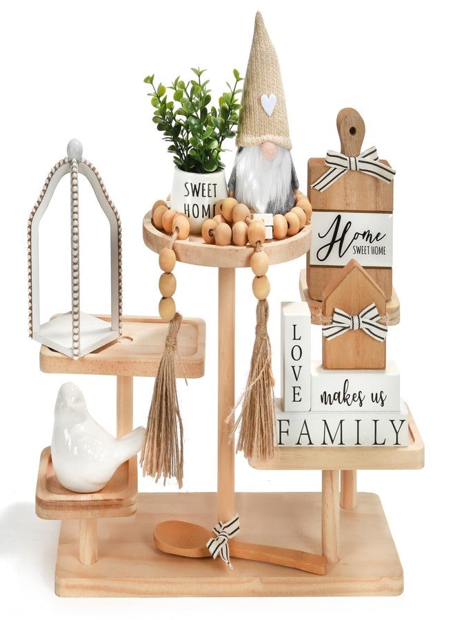 SYNCVIBE Farmhouse Tiered Tray Decor Set, 8 PCS Rustic Sweet Home Tabletop Decorations with Wooden Signs Lantern Plant Gnome Bead Garland & Bird Accent, Cozy Country Decorations for Home Table Kitchen Island - Image 1