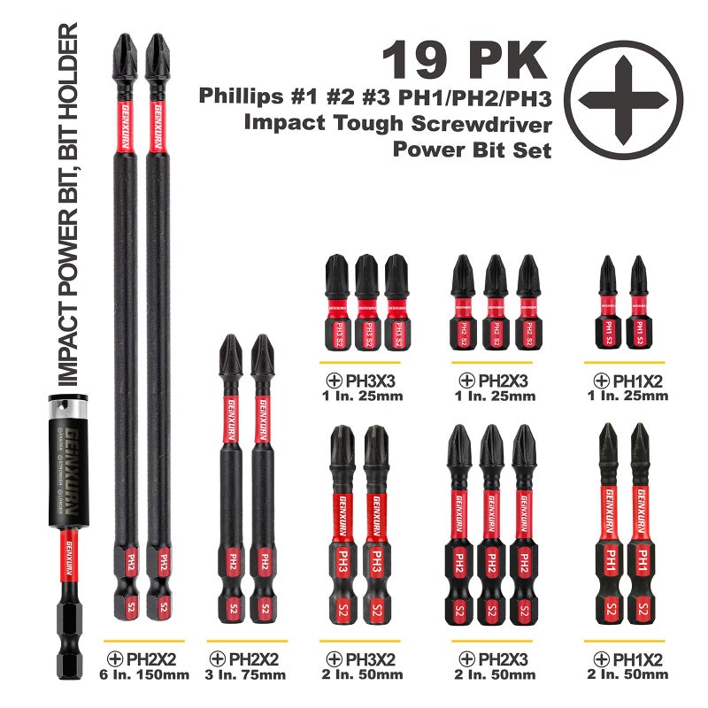 GEINXURN Impact Tough Phillips Bits PH1/PH2/PH3 Insert Driver Bits,19Pack Bulk Phillips Screwdriver Bits Set with 1Pcs Impact Bit Holder - Image 2