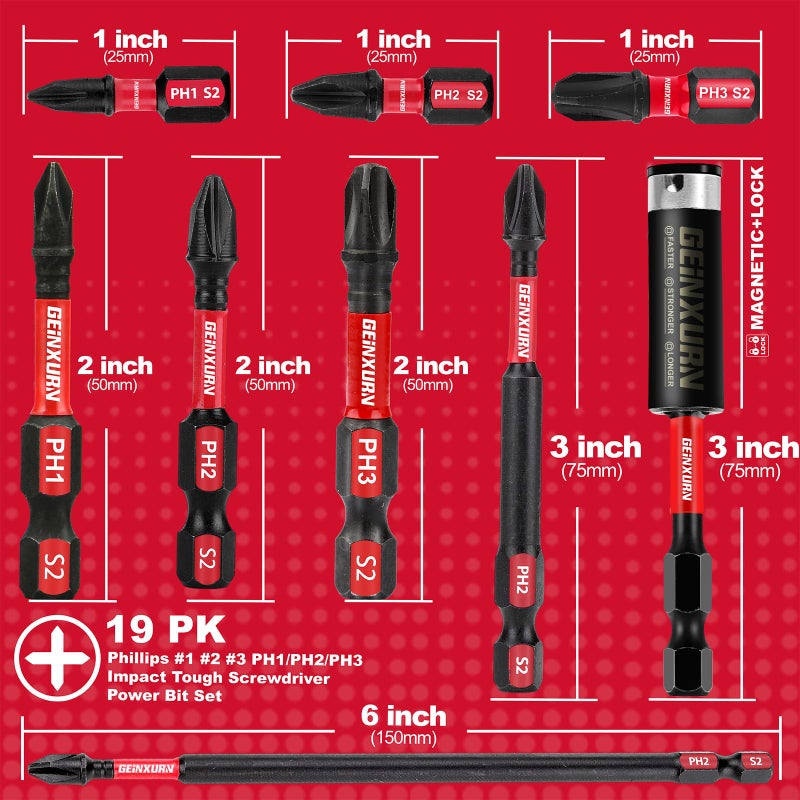 GEINXURN Impact Tough Phillips Bits PH1/PH2/PH3 Insert Driver Bits,19Pack Bulk Phillips Screwdriver Bits Set with 1Pcs Impact Bit Holder - Image 3