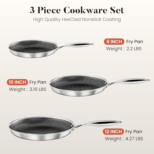 Kitchen Academy 8/10/12 Inch 3-Ply Stainless Steel Skillet Set, Induction Frying Pans, Oven Safe & Dishwasher Safe, PFOA-Free Cookware - Image 2