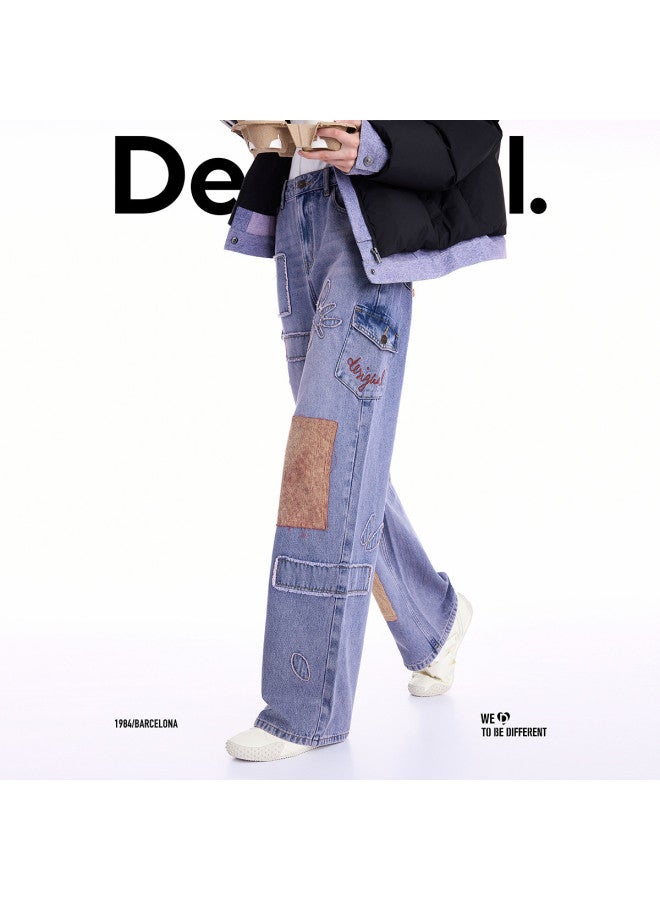 DESIGUAL موضة إسبانية فاخرة 25 مجموعة جديدة لخريف/شتاء بنطلون جينز نسائي مستقيم الساق مزين بالزهور - Image 5