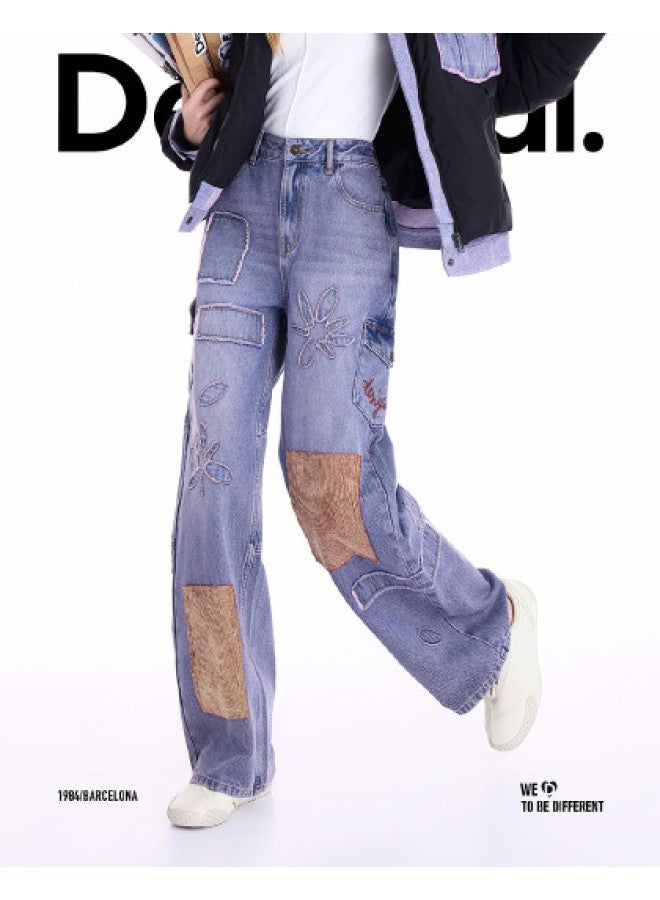 DESIGUAL موضة إسبانية فاخرة 25 مجموعة جديدة لخريف/شتاء بنطلون جينز نسائي مستقيم الساق مزين بالزهور - Image 1