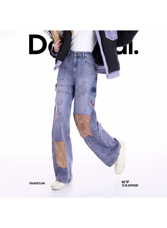 DESIGUAL موضة إسبانية فاخرة 25 مجموعة جديدة لخريف/شتاء بنطلون جينز نسائي مستقيم الساق مزين بالزهور - Image 2