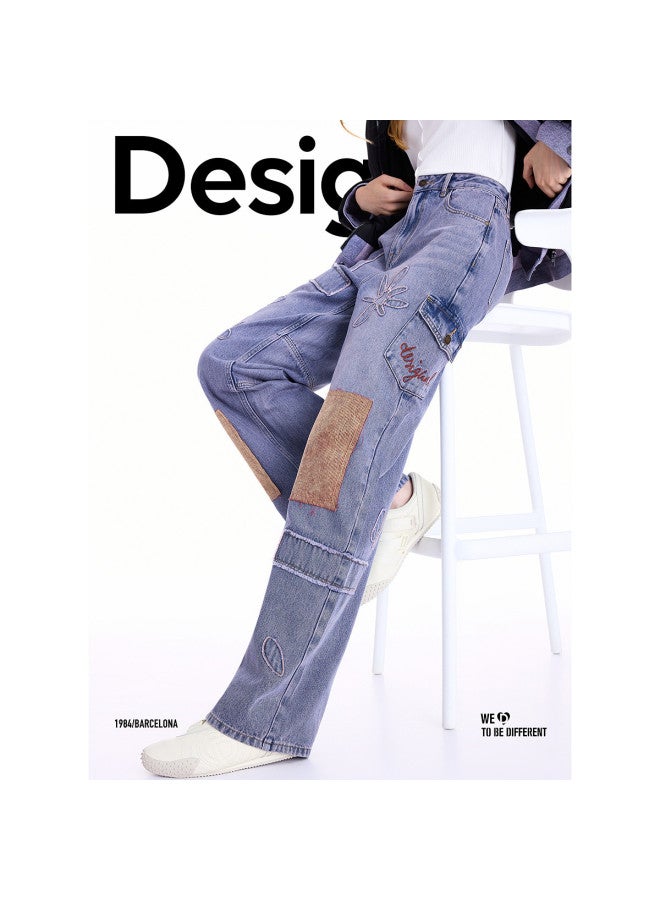 DESIGUAL موضة إسبانية فاخرة 25 مجموعة جديدة لخريف/شتاء بنطلون جينز نسائي مستقيم الساق مزين بالزهور - Image 4