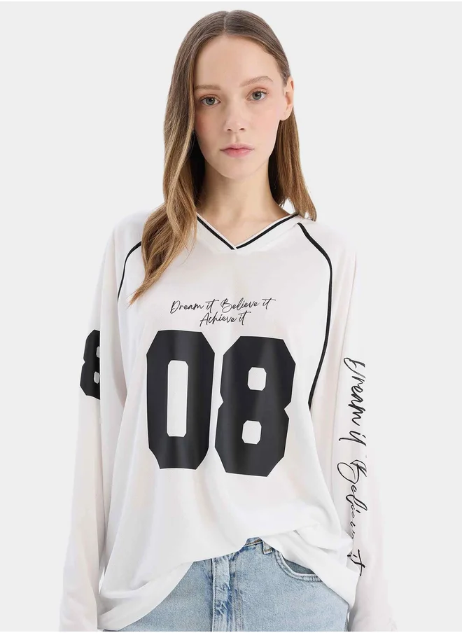 DeFacto DeFacto Women Long Sleeve V-Neck Printed T-Shirt Off White