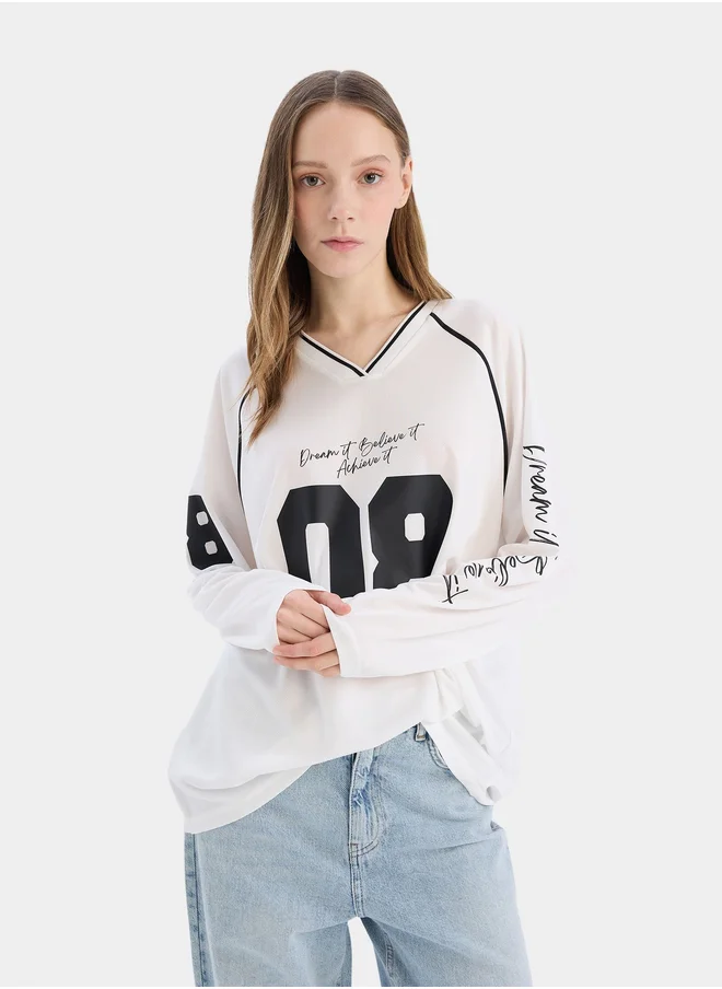 DeFacto DeFacto Women Long Sleeve V-Neck Printed T-Shirt Off White