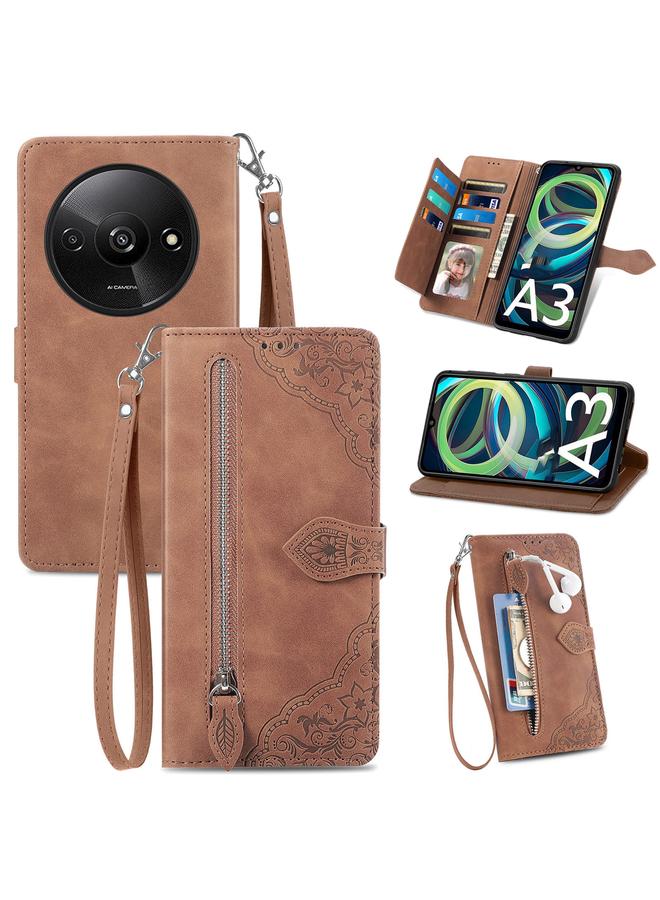 The Bros Case For Xiaomi Redmi A3 Embossed Flower Zipper Leather Phone Case