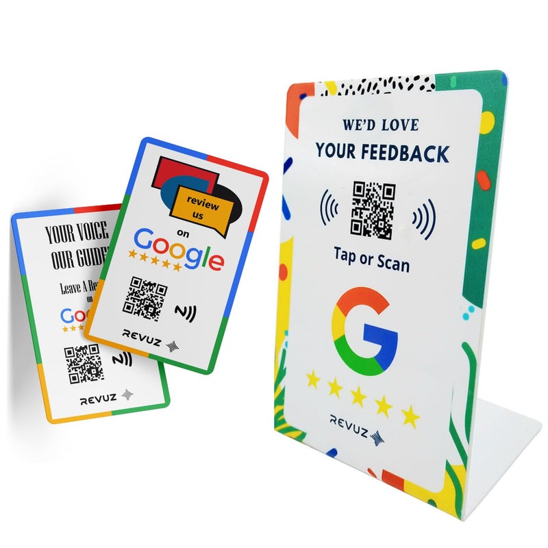 REVUZ بطاقة ومجسم جوجل للمراجعات مع NFC وQR | مطبوع بالأشعة فوق البنفسجية | انقر أو امسح | مجسم أكريليك وبطاقة PVC | إعداد ذاتي بدون متاعب (مجموعة) (أبيض) - Image 1