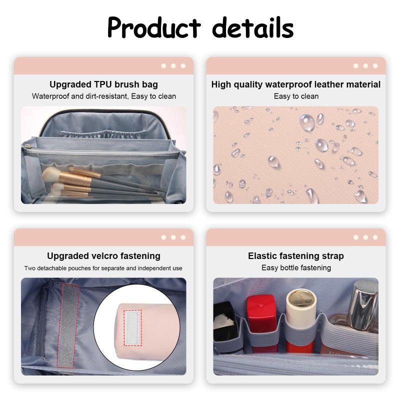BOYATU Travel Makeup Bag Organizer Cosmetic Bag: 3 Pcs Set Make up Bags for Women with Handle - Waterproof Vegan Leather Toiletry Bags Travel Essentials Pouch with Compartments (A-09-Pink) - Image 4