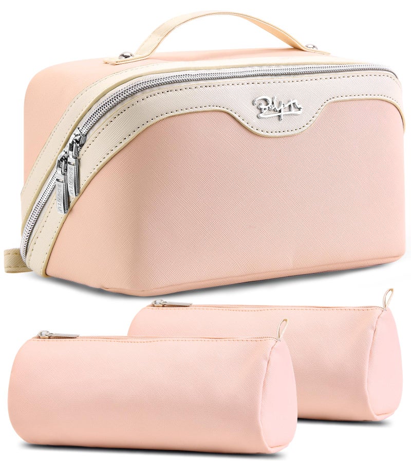 BOYATU Travel Makeup Bag Organizer Cosmetic Bag: 3 Pcs Set Make up Bags for Women with Handle - Waterproof Vegan Leather Toiletry Bags Travel Essentials Pouch with Compartments (A-09-Pink) - Image 1