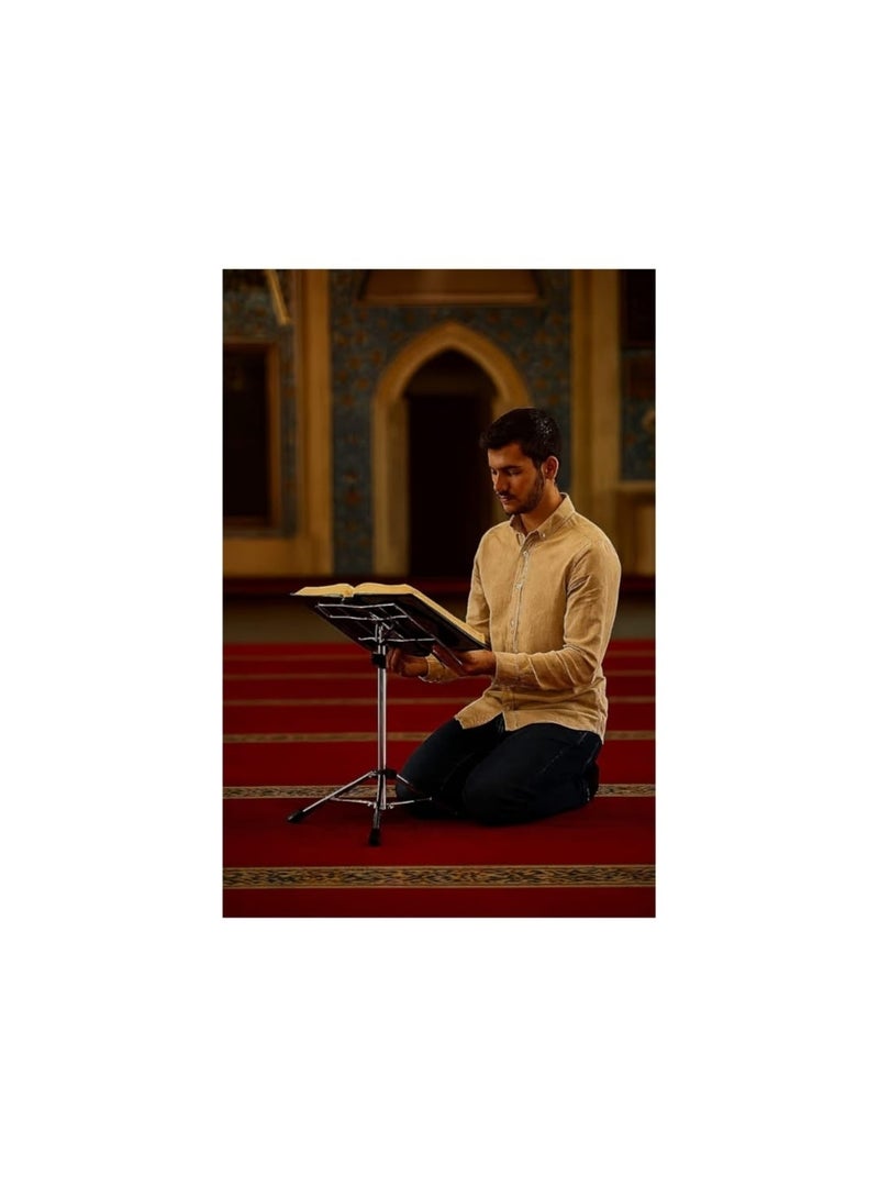 Adjustable Metal Floor Quran Stand and Book Holder with Tripod Base, Foldable Mesh Reading and Recitation Stand for Mosque and Home - Image 1