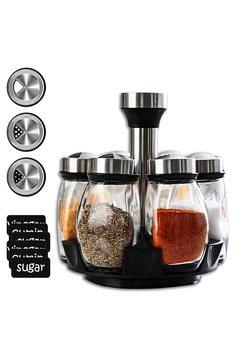 صحة هوم رف توابل دوار مكون من 6 برطمانات، مجموعة صندوق تخزين توابل دوار 360 درجة، برطمانات زجاجية لإعادة تعبئة التوابل مع ملصقات تسميات التوابل للطهي في المطبخ (التوابل غير متضمنة) - Image 1