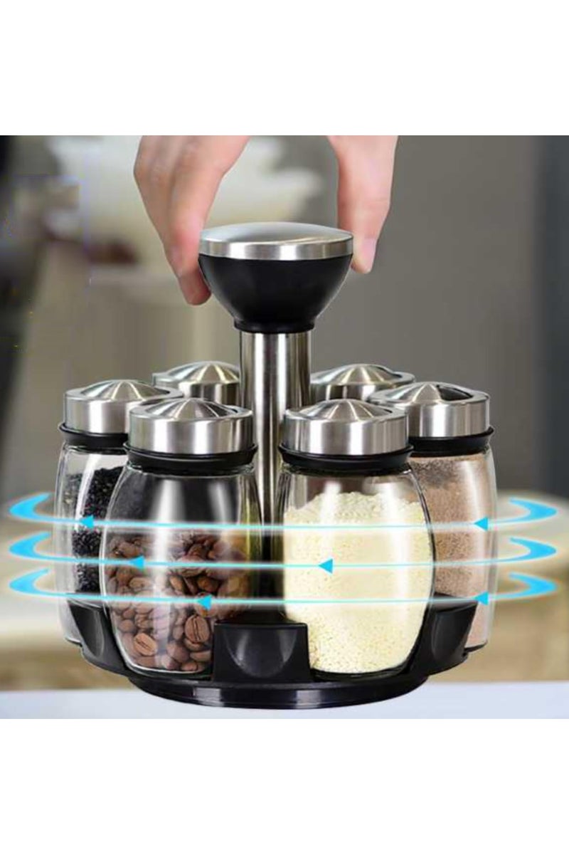 صحة هوم رف توابل دوار مكون من 6 برطمانات، مجموعة صندوق تخزين توابل دوار 360 درجة، برطمانات زجاجية لإعادة تعبئة التوابل مع ملصقات تسميات التوابل للطهي في المطبخ (التوابل غير متضمنة) - Image 2