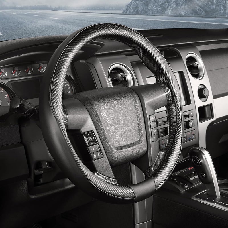 SEG Direct Car Steering Wheel Cover Large-Size for F150 F250 F350 Ram 4Runner Tacoma Tundra Range Rover with 15 1/2"-16" Outer Diameter Leather with Carbon Fiber Pattern Black - Image 1