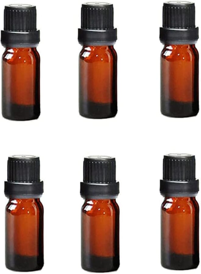 6Pcs Refillable Empty Amber Glass Essential Oil Bottle Vials Attar Jars Bottles with Orifice Reducer and Black Screw Cap DIY Makeup Supplies Tool Accessories Perfume Aromatherapy size 5ml/0.17oz