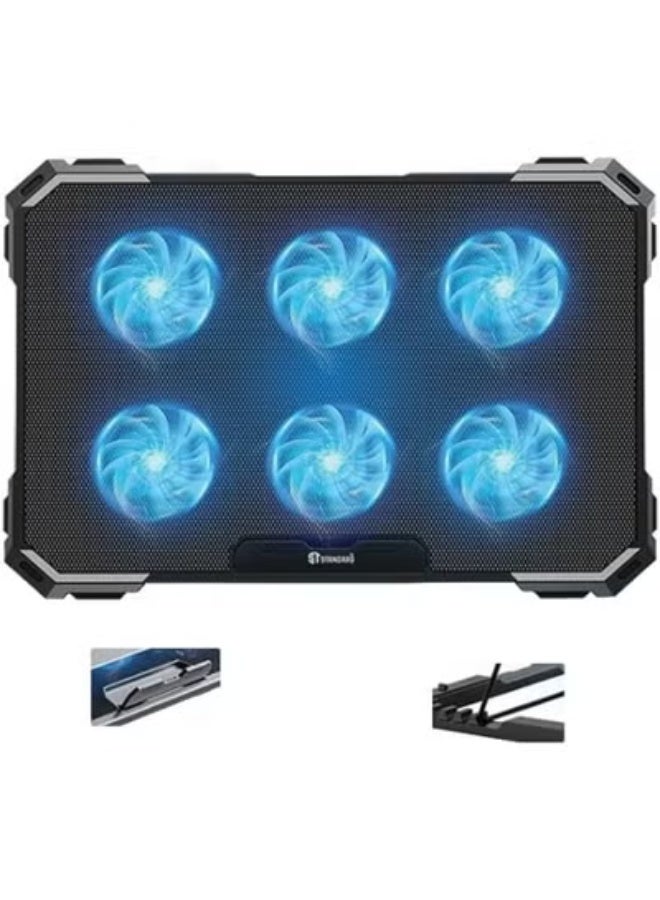 حامل تبريد لابتوب للألعاب – 6 مراوح LED، شبكة حديدية، 2 منفذ USB، يدعم أجهزة 12–17 بوصة - Image 4
