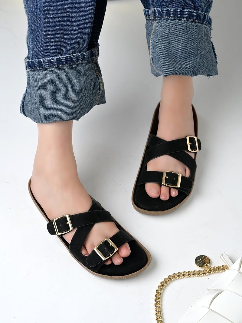 Shoetopia صنادل شوتوبيا النسائية المسطحة باللون الأسود أنيقة ومريحة وسهلة الارتداء مع وسادة قدم ناعمة، sole مضاد للانزلاق - مثالية للأحذية اليومية غير الرسمية EU-41 - Image 3