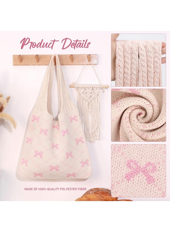 KPX Crochet Tote Bag, Beach Mesh Knitted Bag Large Aesthetic Shoulder Hobo Handbags for Women Summer (Bow Style, Pink) - Image 3