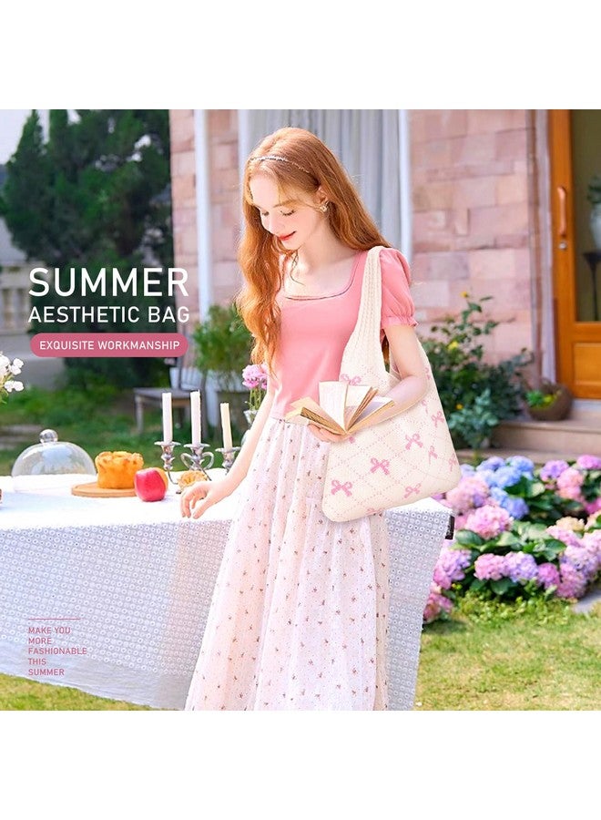 KPX Crochet Tote Bag, Beach Mesh Knitted Bag Large Aesthetic Shoulder Hobo Handbags for Women Summer (Bow Style, Pink) - Image 2