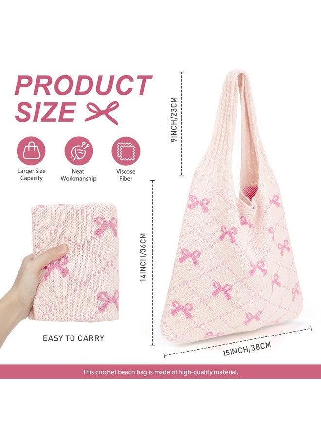 KPX Crochet Tote Bag, Beach Mesh Knitted Bag Large Aesthetic Shoulder Hobo Handbags for Women Summer (Bow Style, Pink) - Image 1