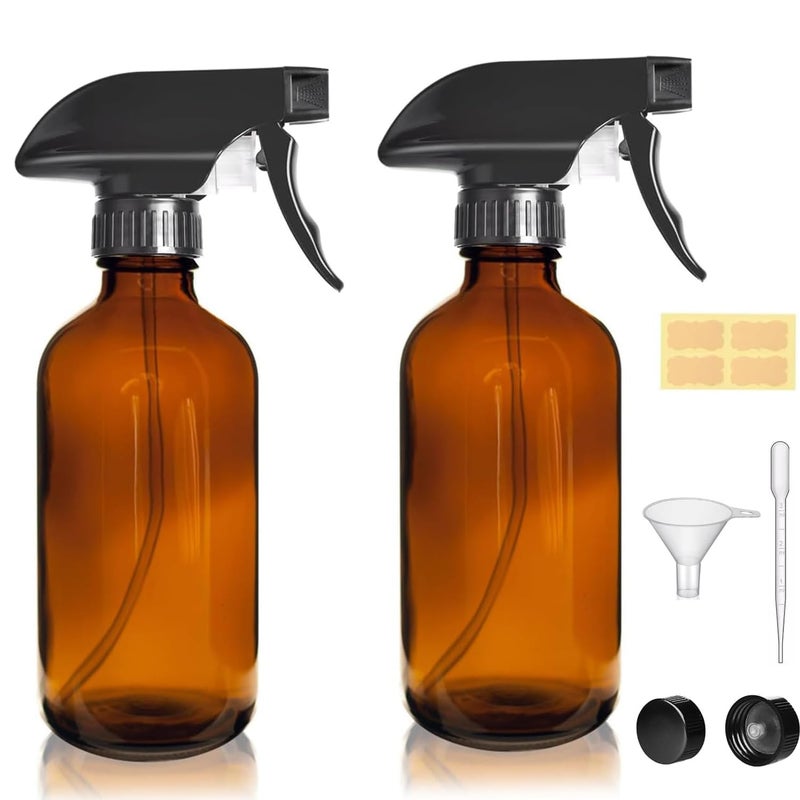 LANBEAUTIFY 8oz Amber Glass Spray Bottles - 2 Pack Empty Refillable Bottles for Cleaning, Hair Care, Essential Oils, Plants - Includes Durable Nozzle, Labels, Funnel & Dropper, Handheld Size - Image 1