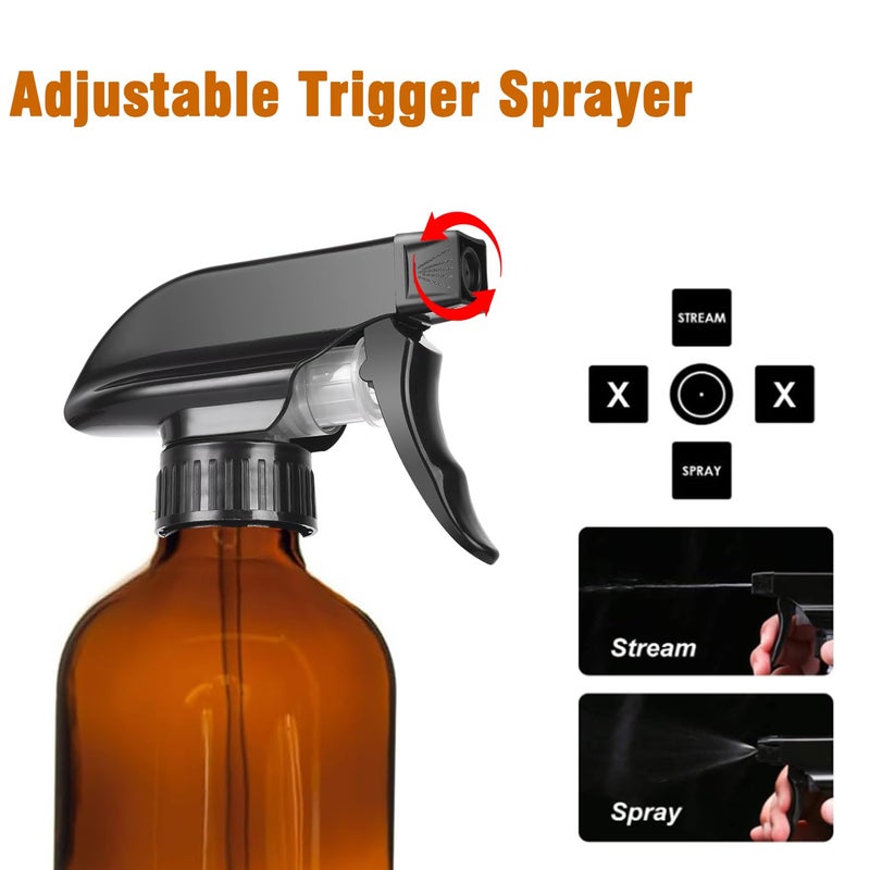 LANBEAUTIFY 8oz Amber Glass Spray Bottles - 2 Pack Empty Refillable Bottles for Cleaning, Hair Care, Essential Oils, Plants - Includes Durable Nozzle, Labels, Funnel & Dropper, Handheld Size - Image 2