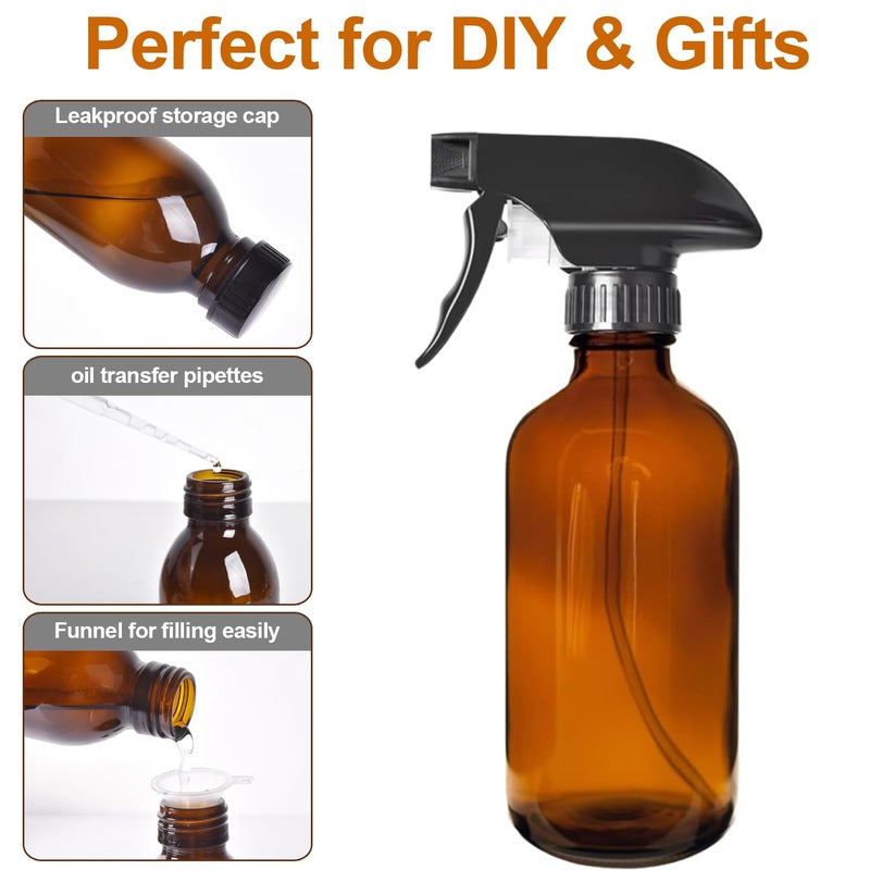 LANBEAUTIFY 8oz Amber Glass Spray Bottles - 2 Pack Empty Refillable Bottles for Cleaning, Hair Care, Essential Oils, Plants - Includes Durable Nozzle, Labels, Funnel & Dropper, Handheld Size - Image 5