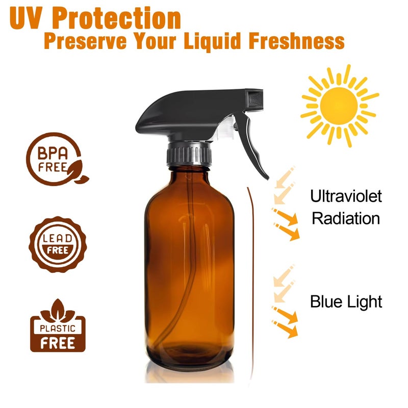 LANBEAUTIFY 8oz Amber Glass Spray Bottles - 2 Pack Empty Refillable Bottles for Cleaning, Hair Care, Essential Oils, Plants - Includes Durable Nozzle, Labels, Funnel & Dropper, Handheld Size - Image 3
