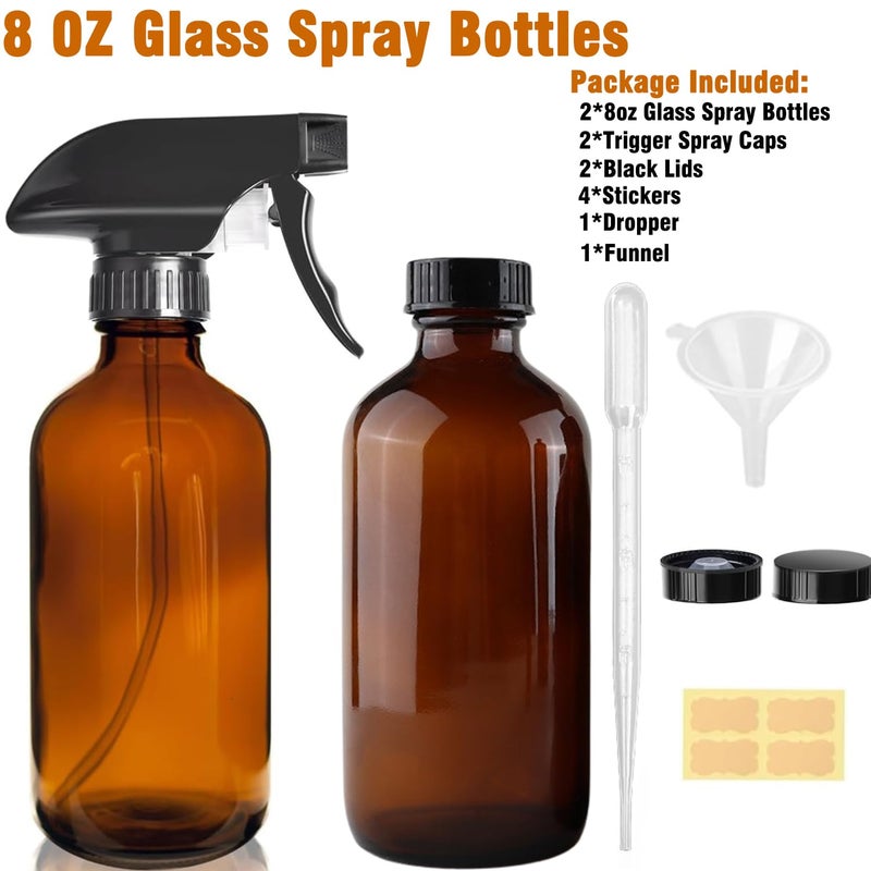 LANBEAUTIFY 8oz Amber Glass Spray Bottles - 2 Pack Empty Refillable Bottles for Cleaning, Hair Care, Essential Oils, Plants - Includes Durable Nozzle, Labels, Funnel & Dropper, Handheld Size - Image 4