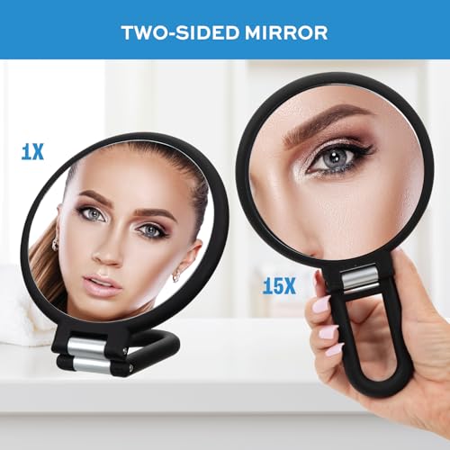ForPro Professional Collection Premium Magnifying Handheld Mirror, 1X/15X Magnification Hand Mirror, Folding Adjustable Handle, for Makeup, Travel, Black - Image 2