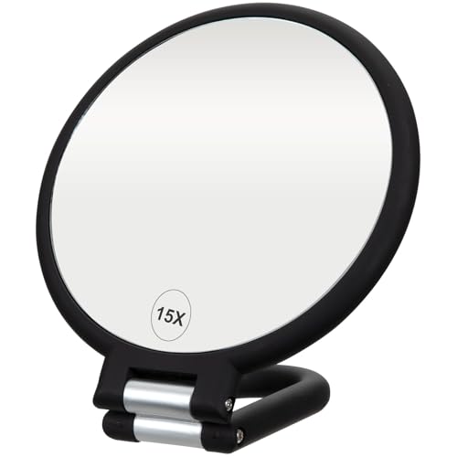 ForPro Professional Collection Premium Magnifying Handheld Mirror, 1X/15X Magnification Hand Mirror, Folding Adjustable Handle, for Makeup, Travel, Black - Image 1