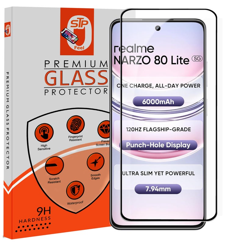 STP FEEL® Premium Tempered Glass Screen Protector Guard Compatible For Realme NARZO 80 Lite 5G (6.67 Inch, Pack of 1) | Edge to Edge Coverage With Easy to installation kit for Smartphone - Image 1