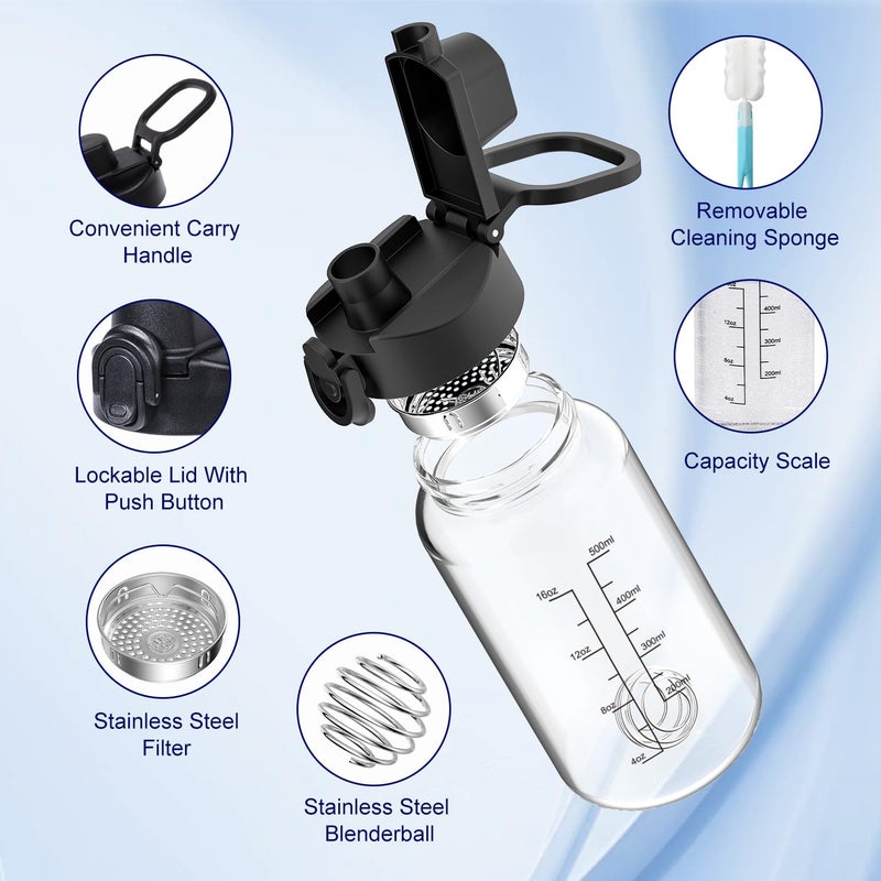 Neodaco 20 OZ Glass Shaker Bottle, Odorless Sport Water Bottle with 304 Stainless Steel Ball and Removable Cleaning Brush for Fitness Protein Mixes - Image 3