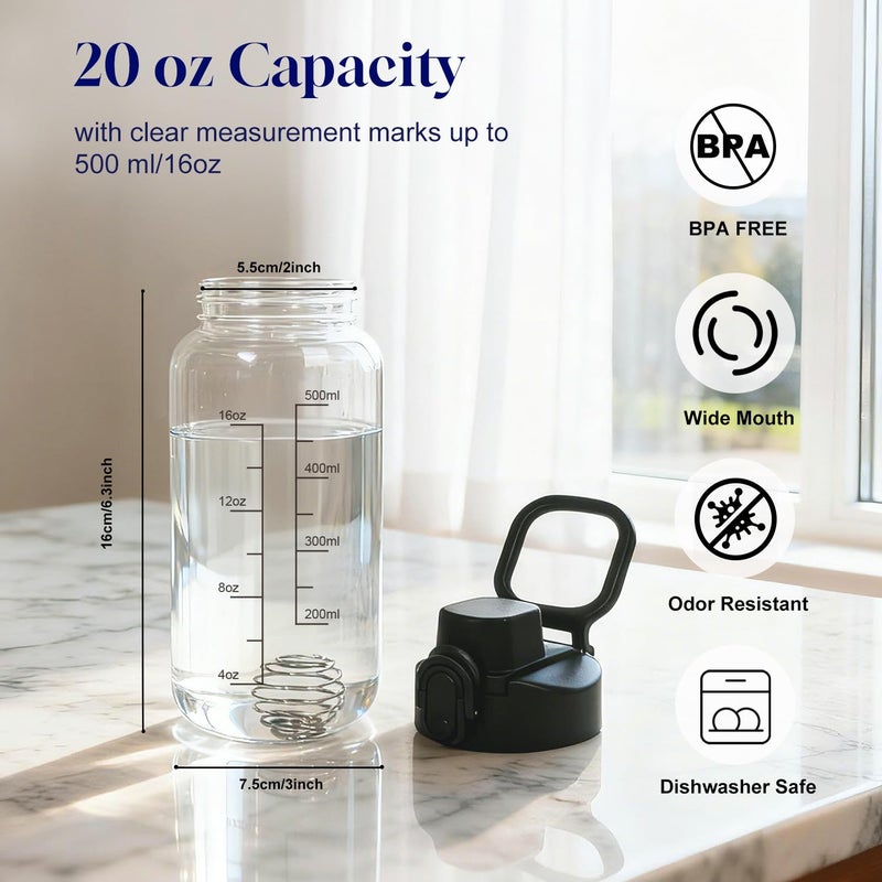 Neodaco 20 OZ Glass Shaker Bottle, Odorless Sport Water Bottle with 304 Stainless Steel Ball and Removable Cleaning Brush for Fitness Protein Mixes - Image 4
