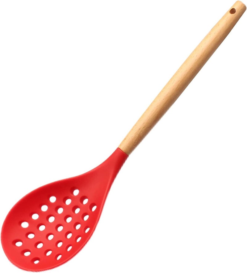 Oicia Kitchen Skimmer for Non-Stick Cookware, Silicone Large Non-Stick Slotted Cooking Ladle for Draining and Straining, Deep Fry Jhara, Puri Strainer for Frying, Deep Frying Skimmer (Pack of 1, Red) - Image 1