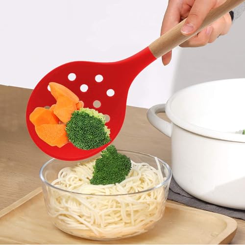 Oicia Kitchen Skimmer for Non-Stick Cookware, Silicone Large Non-Stick Slotted Cooking Ladle for Draining and Straining, Deep Fry Jhara, Puri Strainer for Frying, Deep Frying Skimmer (Pack of 1, Red) - Image 4