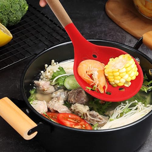 Oicia Kitchen Skimmer for Non-Stick Cookware, Silicone Large Non-Stick Slotted Cooking Ladle for Draining and Straining, Deep Fry Jhara, Puri Strainer for Frying, Deep Frying Skimmer (Pack of 1, Red) - Image 3